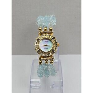 Prestige Womens Quartz MOP Dial Aqua Beaded Rhinestone Jewelry Watch New Battery